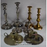 A pair of silver plated candlesticks, pair of dwarf candlesticks and a pair of plated chambersticks;