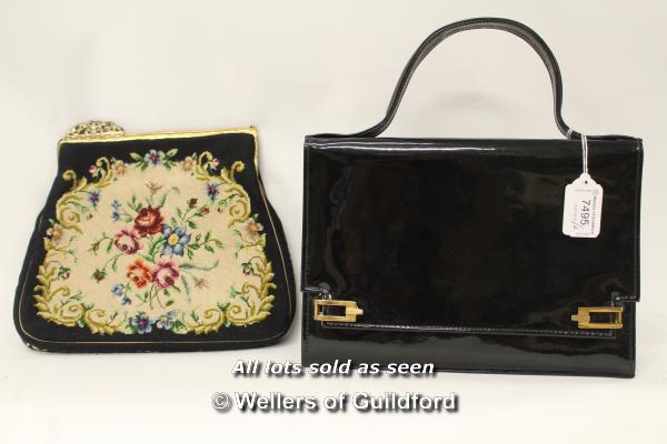 Ackery of London patent leather handbag; a needlepoint evening bag (2)