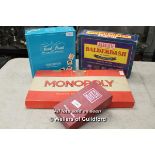 4 x mixed board games, Monopoly, Trivial Pursuit, Balderdash and More Balls than Most (the joy of