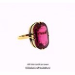 Pink synthetic sapphire ring, fancy oval cut pink synthetic sapphire weighing an estimated 10.50cts,