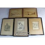 Five small pictures, two watercolours signed J Palour with three prints of Norwich