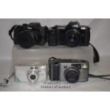 4 x mixed cameras including Canon Z155, Olympus OM 707, Nikon Coolpix P600 digital and Minolta 140