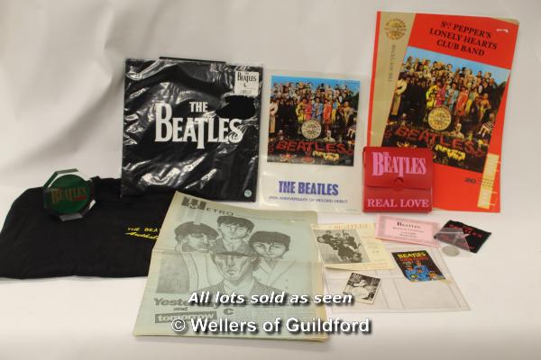 The Beatles: mixed memorabilia including, t-shirts, American bubble gum wrapper, John Lennon coin