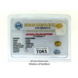 Loose yellow sapphire gemstone, 3.14cts oval cut yellow sapphire, with Indian Gemological Lab