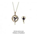 *Amethyst pendant, three pear shaped amethysts set in a circular openwork rose metal design