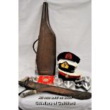 A collection of military items including a Royal Marines recrute Berrai, Royal Marines officers cap,