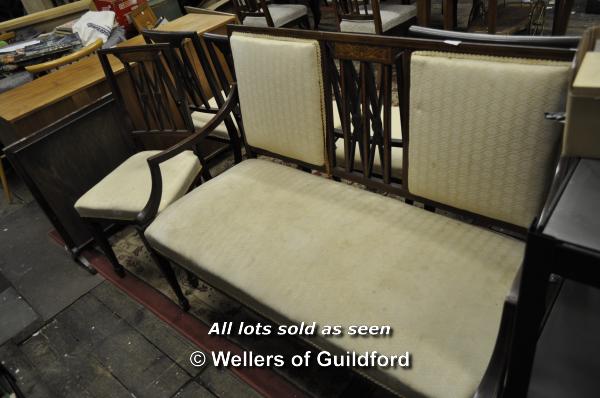 An Edwardian inlaid mahogany salon suite comprising canape, 116cm wide, two carvers and four