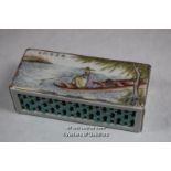 A Chinese rectangular paperweight painted with a fisherman in a boat, 11.25cm long.