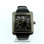Rotary Editions 700 series wristwatch, square black dial with Roman numerals, on a black leather