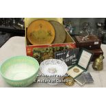 Mixed items including two antique inlaid boxes, green Adderley Ware fruit bowl, pierced edge