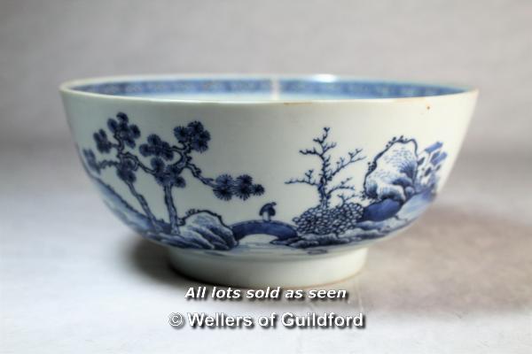 Nanking cargo, Chinese blue and white bowl decorated with a landscape, Christie's paper label, lot