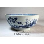 Nanking cargo, Chinese blue and white bowl decorated with a landscape, Christie's paper label, lot