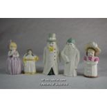 Five Royal Worcester candle snuffers: Budge, Feathered Hat, Hush, French Cook and Toddie.