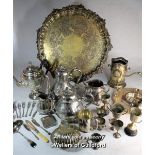 A quantity of silver plated wares including large circular salver, teapots, shell shaped dish,