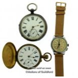 Silver cased pocket watch with white enamel dial, Roman numerals and subsidiary seconds dial,