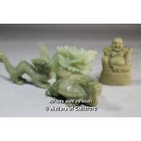 Four Chinese hardstone figures depicting Buda, two Dragons and a Turtle