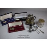 Three commemorative silver spoons, all boxed; silver jam spoon; two silver salt spoons; silver