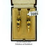 Pair of Victorian 15ct gold and enamel drop earrings, in original box