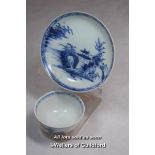 Nanking Cargo, Chinese blue and white tea bowl and saucer decorated with pagoda in a landscape,