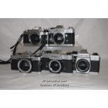 5 x vintage camera body units including Pentax MG, Canon FT, Olympus OM 20 , Pracktica MTL 5B and