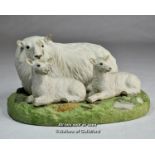 Isle of Man Shebeg pottery figure group of a sheep with two lambs, impressed Harper, Shebeg, I.O.