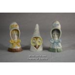 Three Royal Worcester candle snuffers: Owl, Young Girl and Old Woman, printed black marks.