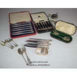 Silver cutlery including pair of salad serversss, tea knives, sugar nips, tea spoons; a circular