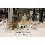 A collection of vintage glass including, decanters, jug, glasses and decorative centre piece