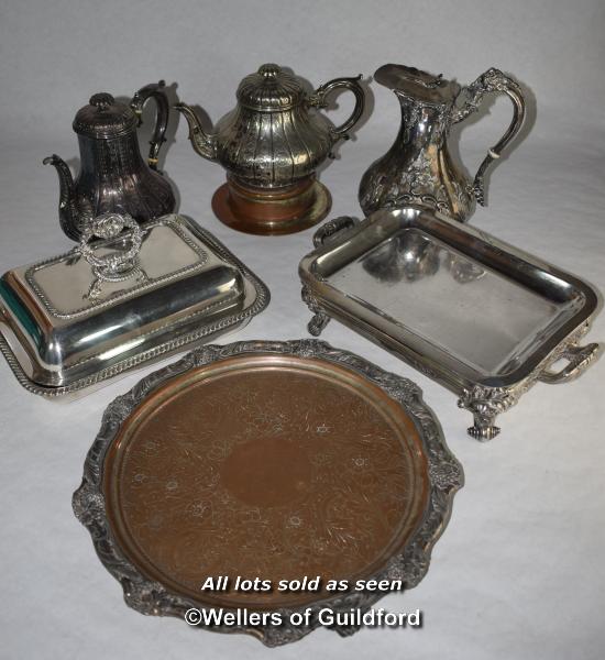 Silver plated wares including entree dish, teapot, coffee pots, coaster and circular tray.