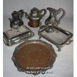 Silver plated wares including entree dish, teapot, coffee pots, coaster and circular tray.