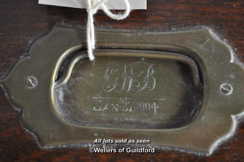 An Edwardian oak lap desk with inset brass handle monogrammed GWB and dated Jan 27 1904, the lifting - Image 4 of 4