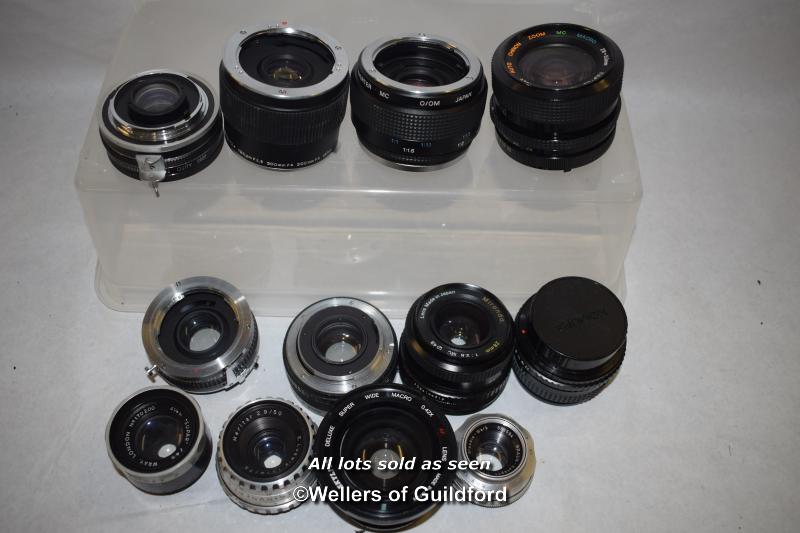 12 x mixed small camera lenses including Vivitar 2x micro focusing teleconverter, Chinon, Miranda,