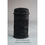 A Chinese carved cylindrical pot and cover with all over carved decoration.