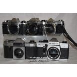 5 x vintage camera body units including Yashica FX-D, Olympus OM 2 , Pracktica Nova B, Praktica