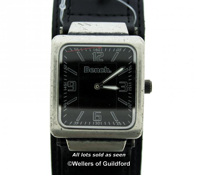 Gentlemen's Bench wristwatch, rectangular black dial with Arabic numerals and baton hour markers,