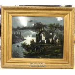 *VINTAGE REVERSE PAINTING ON GLASS INSET MOTHER OF PEARL WATERS EDGE MOONLIGHT [LQD79](LOT SUBJECT