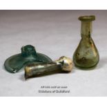 Roman glass: two tear drop vials and a broken item. Provenance: vendor's father acquired these in