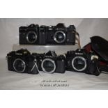 5 x vintage camera body units including Canon A-1, Zenit EM, Pentax ES II, Pentax MV1 and Nikon EM