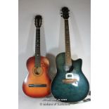 *A Earthfire semi-accoustic guitar, cased; a small accoustic guitar, cased. (2)