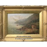 Victorian oil on canvas, sailing ships in a cove with boathouse, monogrammed SJ or SJ, 19.5 x 44.