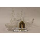 Waterford glass: sweetmeat dish with lug handles, roll top sweetmeat dish, oil bottle; two further