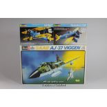 Revell model kits, 1:48 scale Saab AJ-37 Viggen fighter jet H-2244, 1979, with two 1:72 scale planes