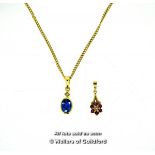 Sapphire and diamond pendant, oval cut sapphire rubover set in yellow metal stamped as 14ct, with
