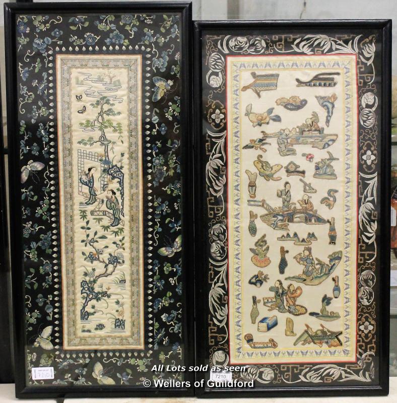 Two Chinese embroidered silk panels, framed and glazed, the wider 62 x 30.5cm.