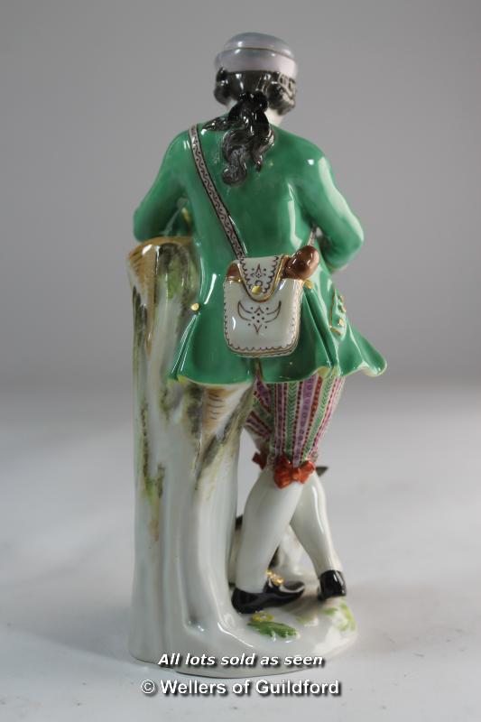 Meissen figure of a man leaning on a tree stump playing a musical instrument, a dog at his feet, - Image 3 of 5