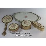 A 1950's dressing table set comprising oval tray, mirror, brush and two powder bowls.