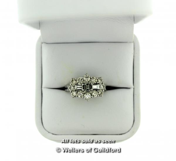Diamond cluster ring, three baguette cut diamonds to the centre with a surround of round brilliant - Image 2 of 2
