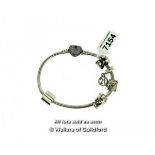 *Pandora charm bracelet, with heart clasp and five charms/spacers, length 18cm (Lot subject to VAT)