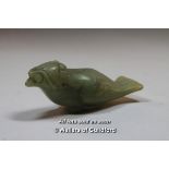 A Chinese hardstone pendant carved as a perched bird, 7cm.