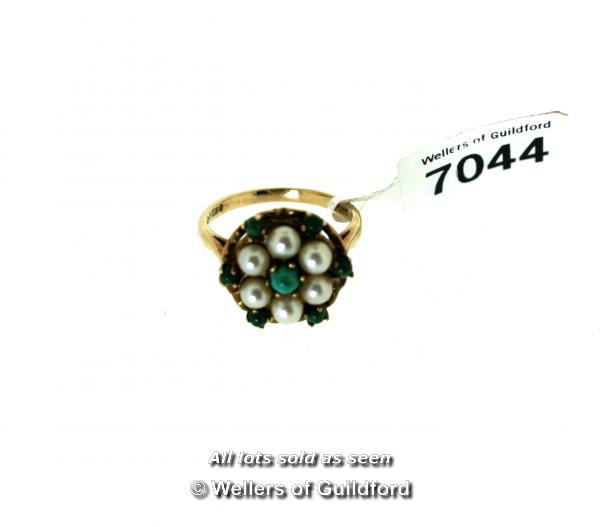 *Vintage turquoise and seed pearl cluster ring, mounted in 9ct yellow gold, ring size N (Lot subject